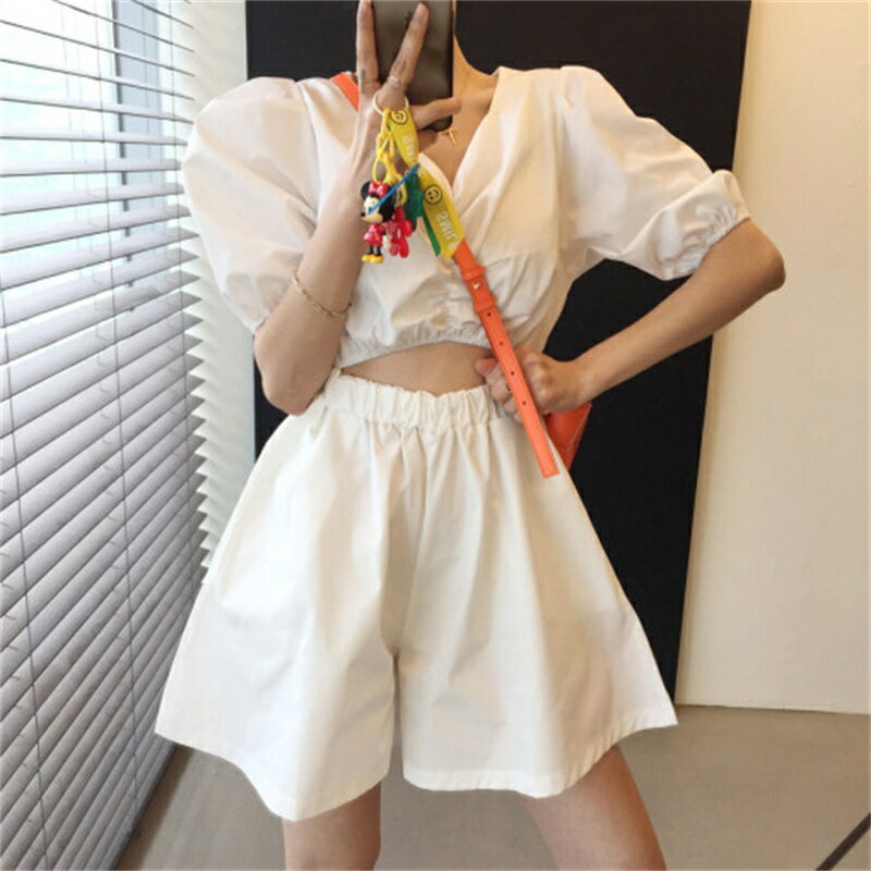 レトロ 透け感 パフスリーブ Vネック ショートパンツ オールインワンサロペット[K](T)