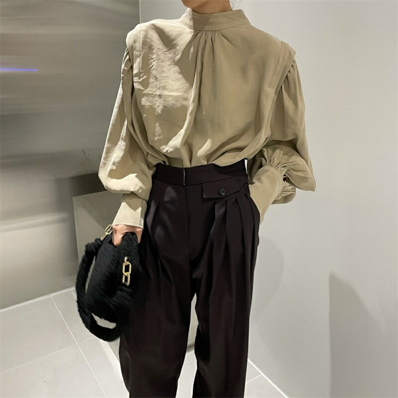 プリーツ ランタンスリーブ スタンドネック シングルブレスト シャツブラウス[K](T)