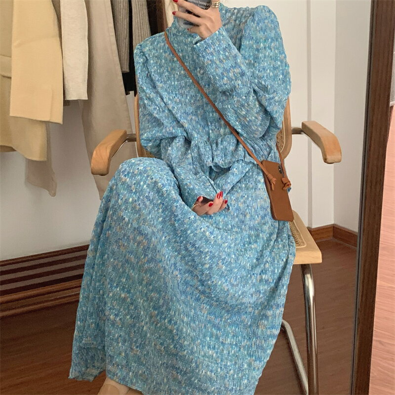 レトロ長袖花柄プリント着丈ロングプ...