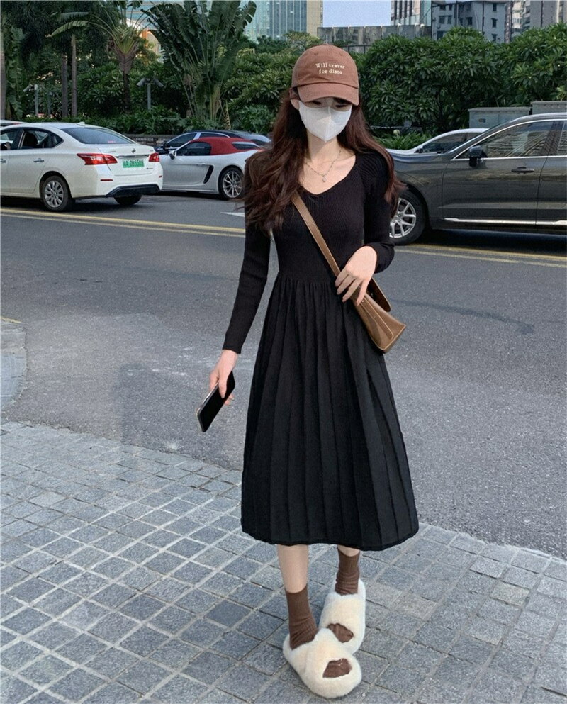 韓国ファッション カジュアル ニット生地 プルオーバー ニットワンピース[K](T)