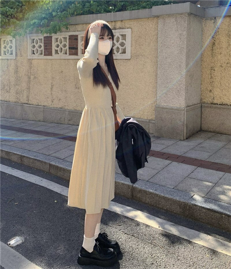 韓国ファッション カジュアル ニット生地 プルオーバー ニットワンピース[K](T)