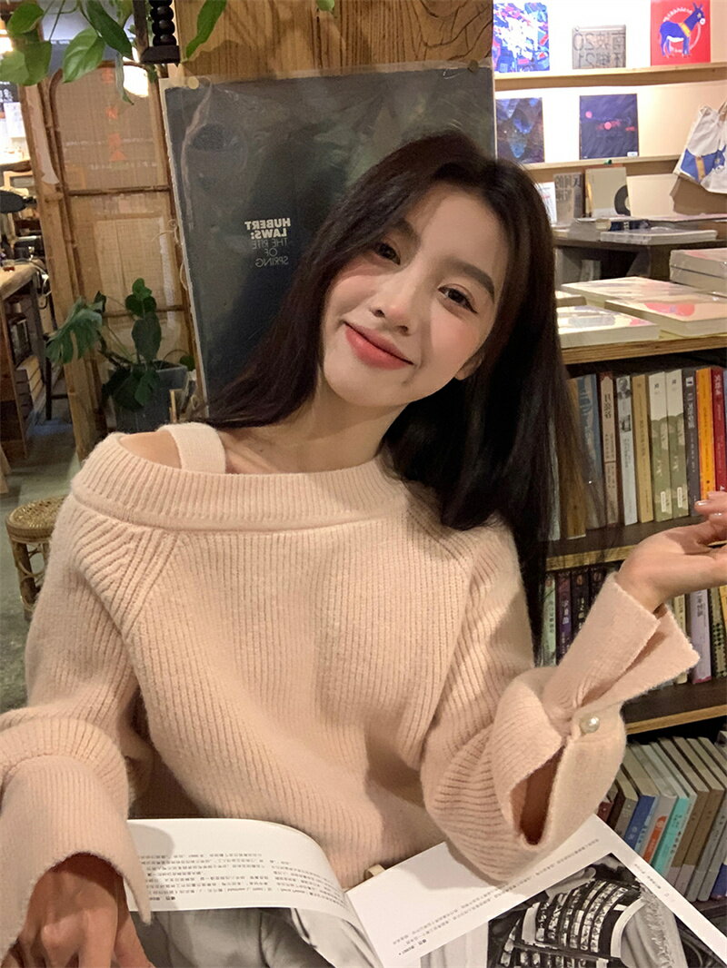 カジュアル レトロ ニット生地 オフショルダー プルオーバー セーターカットソー[K](T)