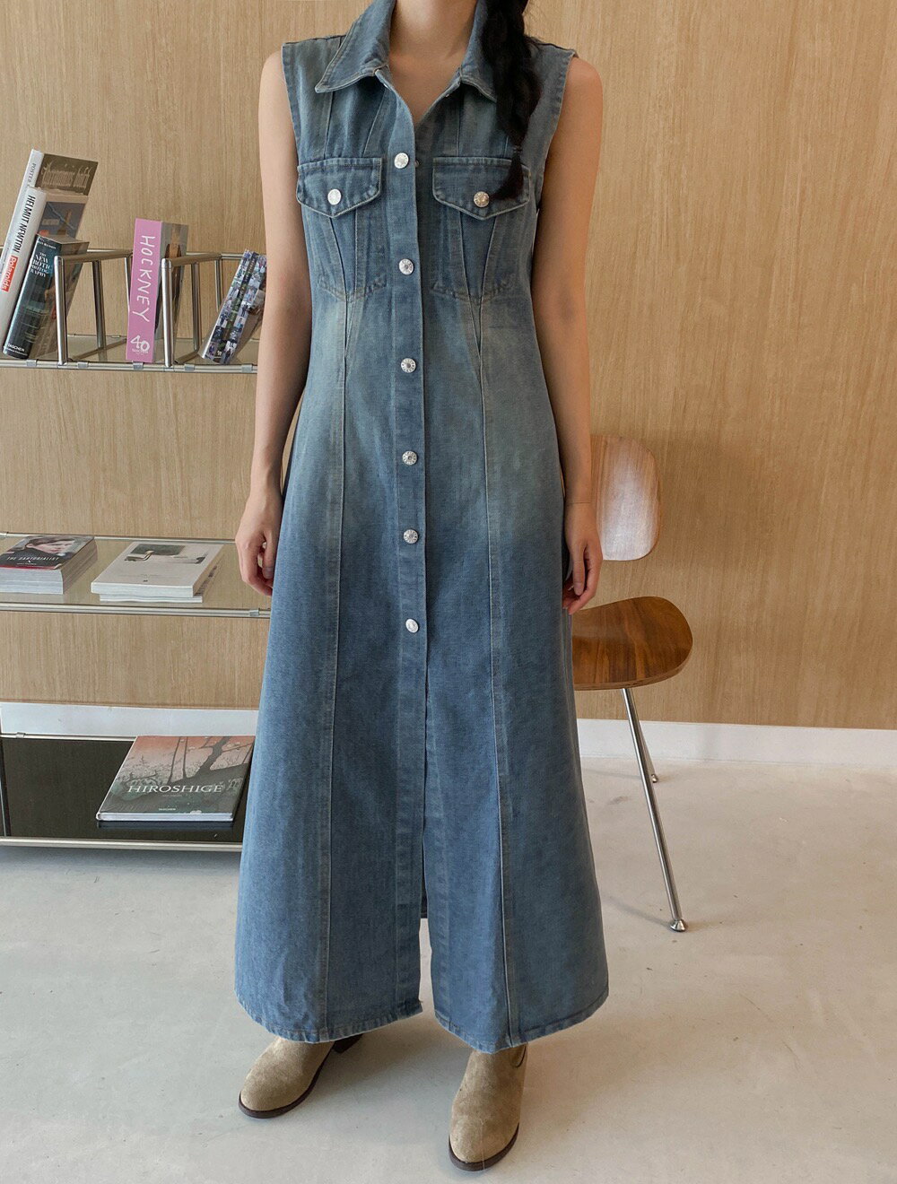 レトロ ノースリーブーブ デニム カジュアルワンピース[K](T)