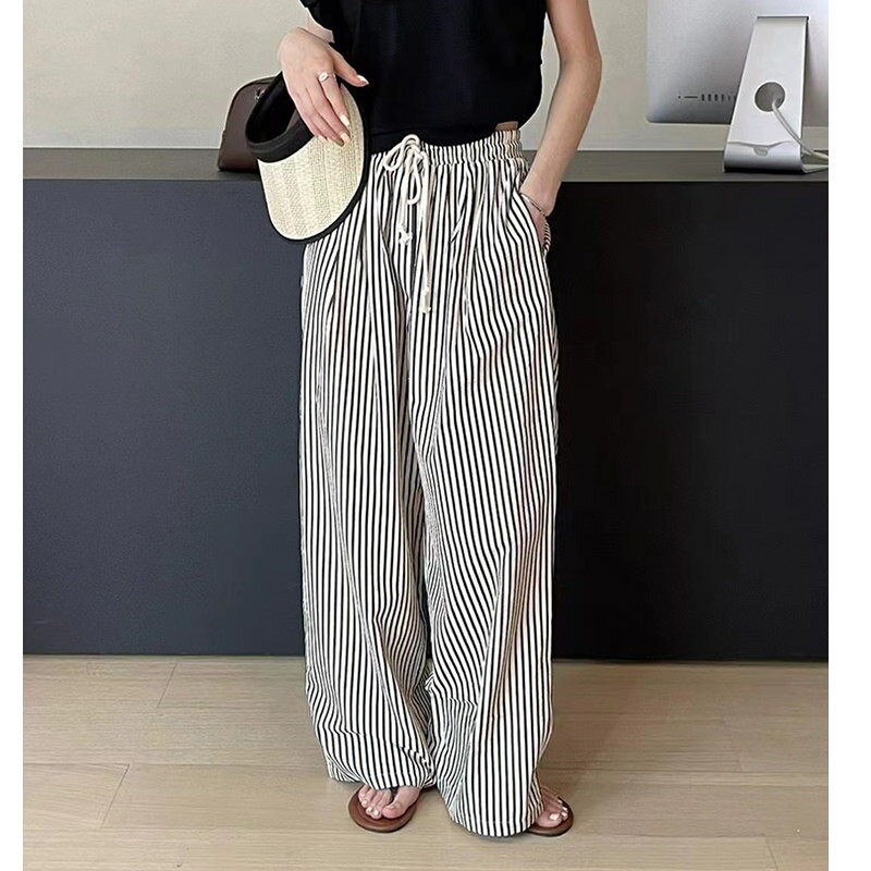 カジュアル ストライプ柄 切り替え パンツ[K](T)
