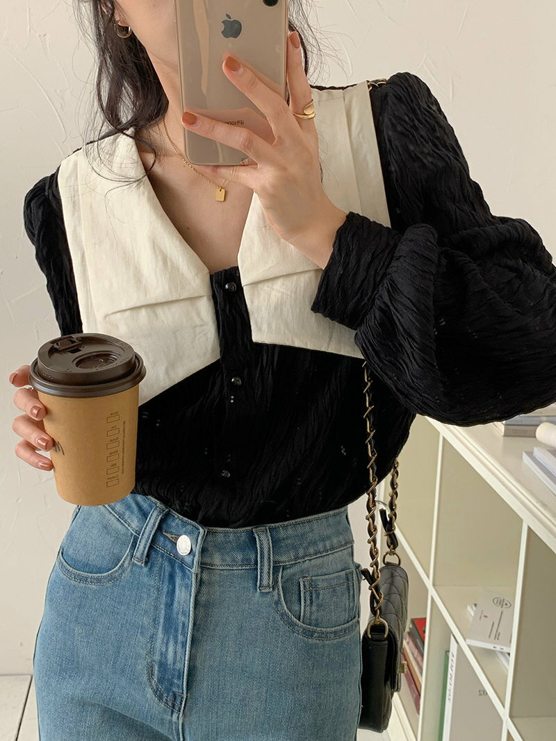 カジュアル気質 chic 長袖折り襟シャツ (T)