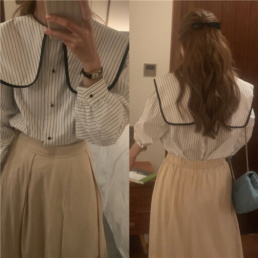 カジュアル気質 chic 長袖ストライプ柄折り襟シャツ (T) カジュアル気質 chic 長袖ストライプ柄折り襟シャツ (T)