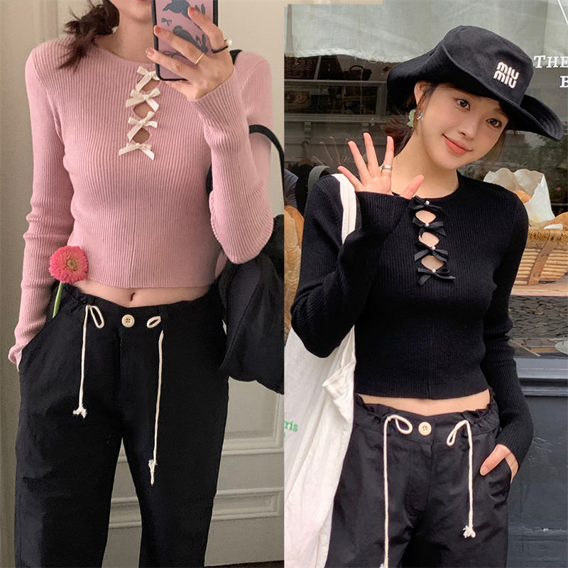 両面着用 おしゃれ トップス リボン ニット (T)