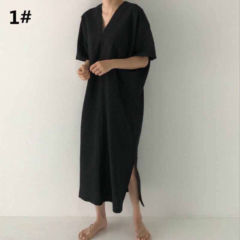 麻混リネン Vネックワンピース 半袖 (T)