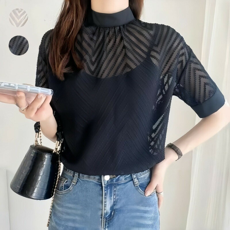 ハイネック半袖シフォンシャツ (T)