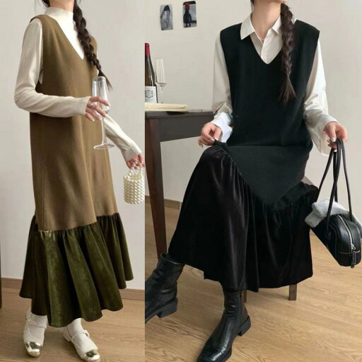 ニットロング丈ワンピース レディース Vネック (T) ニットロング丈ワンピース レディース Vネック (T)