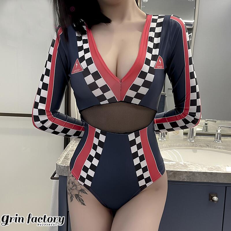 レースクイーン レオタード コスプレ 紺色 レディース チアガールコスチューム ボディスーツ フラッグチェック デザイン タイト フィット ストレッチ素材 ウエスト 網 透け感 セクシー 大人 女性 仮装 イベント 撮影 ステージ パーティー ネイビー Mサイズ 春 夏 秋 冬(T)