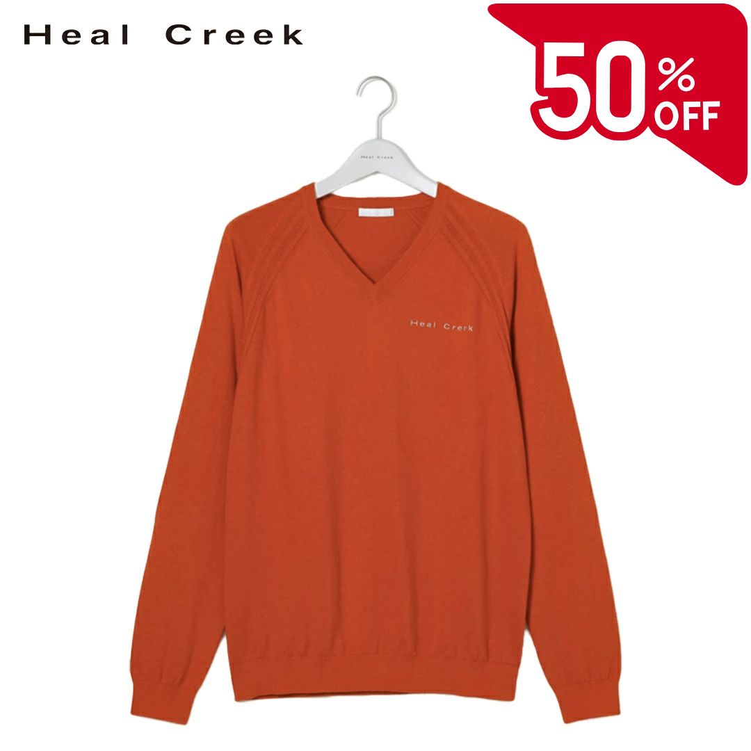 Heal Creek - 【50％OFFセール】Heal Creek ニット 長袖 セーター ヒールクリーク カシミヤブレンド Vネック 左胸ロゴ刺繍 後ろ衿モチーフ刺繍 袖リブ スポーティ メンズ メンズウェア ゴルフ 高級 ラグジュアリー ゴルフウェア スポーツウェア アウトドア 秋冬 オシャレ オレンジ