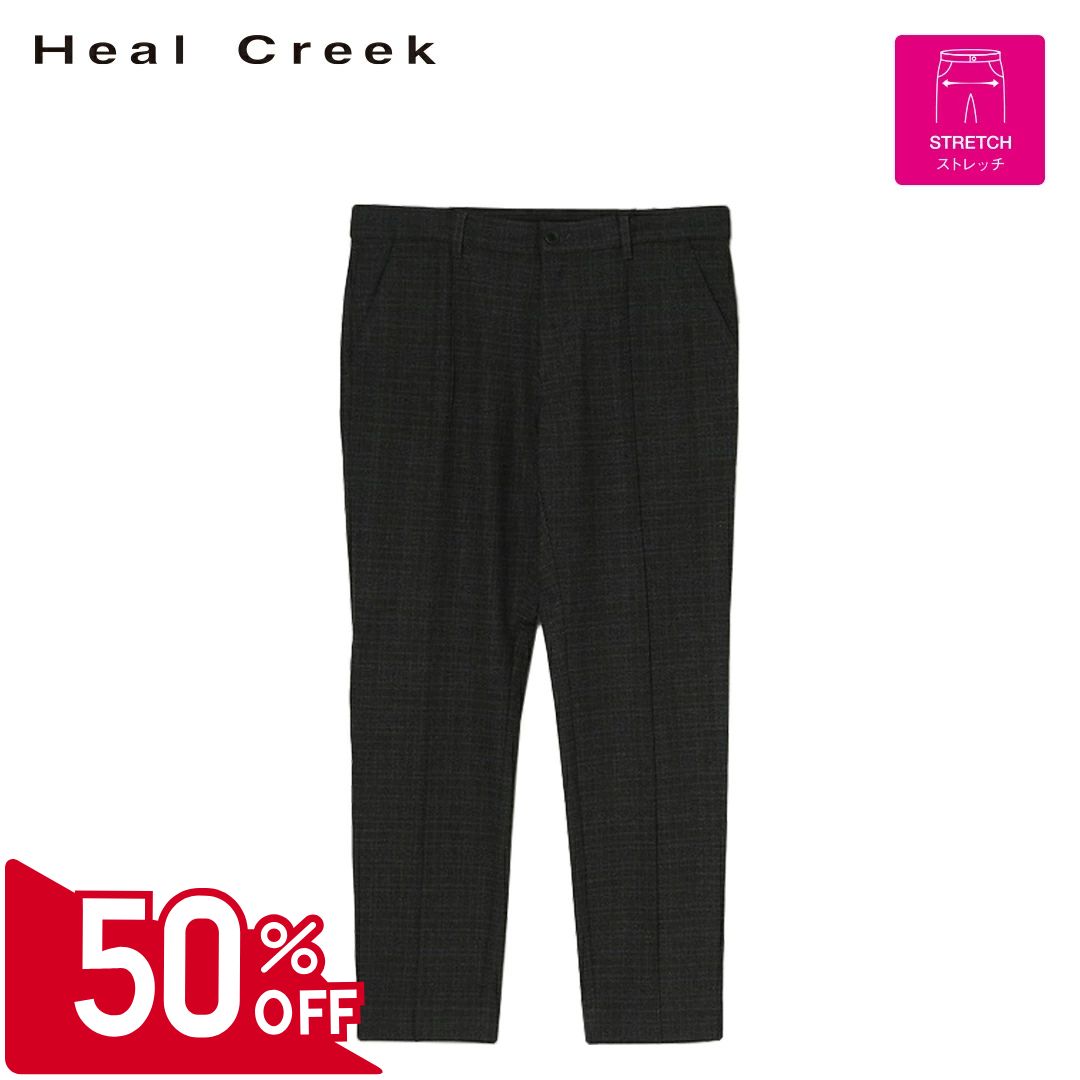 Heal Creek - 【50％OFFセール】Heal Creek パンツ ロング丈 長ズボン ヒールクリーク ツイード グレンチェック 右後ろロゴ刺繍 ポケット ベルトループ メンズ メンズウェア ゴルフ 高級 ゴルフウェア スポーツウェア アウトドア 秋冬 ストレッチ ソフトタッチ ブラック 78 82 85 88 92