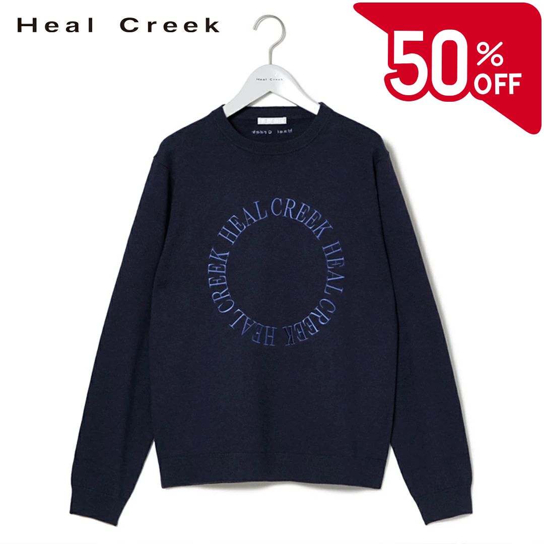 Heal Creek - 【50％OFFセール】Heal Creek ニット 長袖 セーター クルーネック ヒールクリーク カシミア混 コットン フロントロゴ刺繍 バックロゴ刺繍 サークルロゴ レディース レディースウェア ゴルフ 高級 ラグジュアリー ゴルフウェア スポーツウェア アウトドア 秋冬 ネイビー 40 42