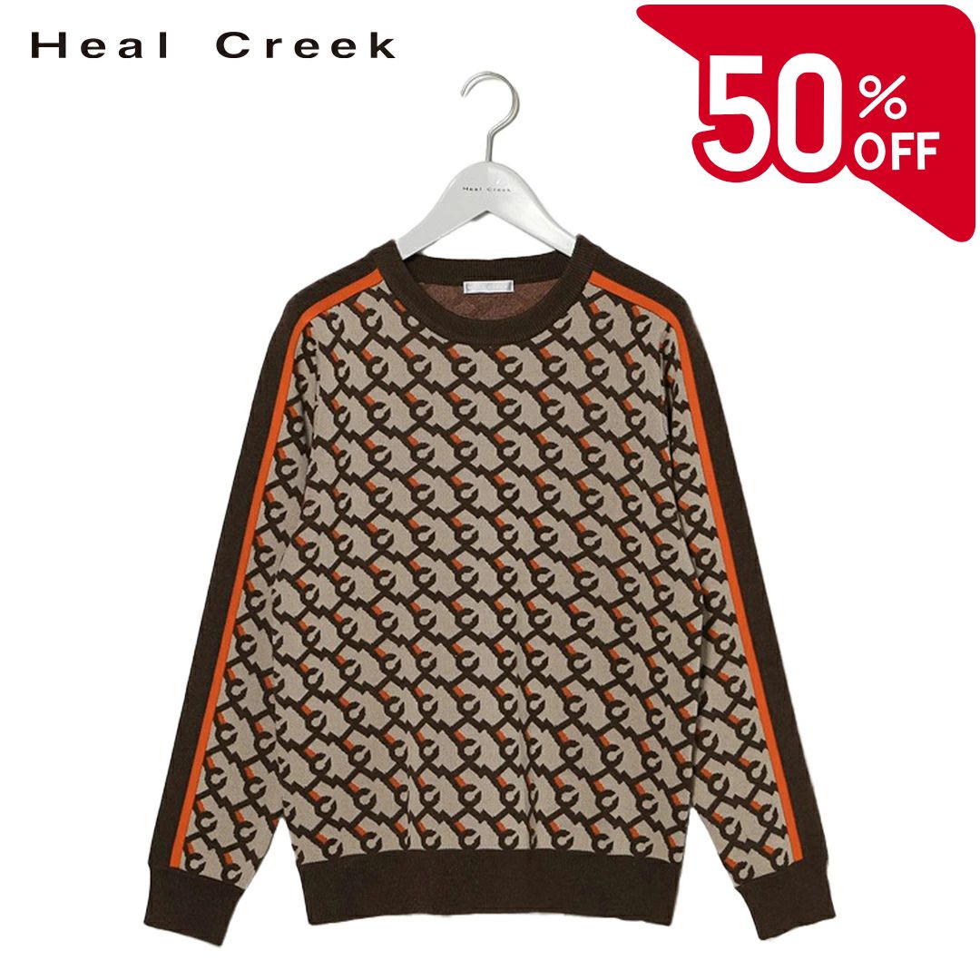 Heal Creek - 【50％OFFセール】Heal Creek ニット 長袖 セーター クルーネック ヒールクリーク 総柄 モノグラム ジャガード編み モダン スポーティ レディース レディースウェア ゴルフ 高級 ラグジュアリー ゴルフウェア スポーツウェア アウトドア 秋冬 ストレッチ ブラウン 40