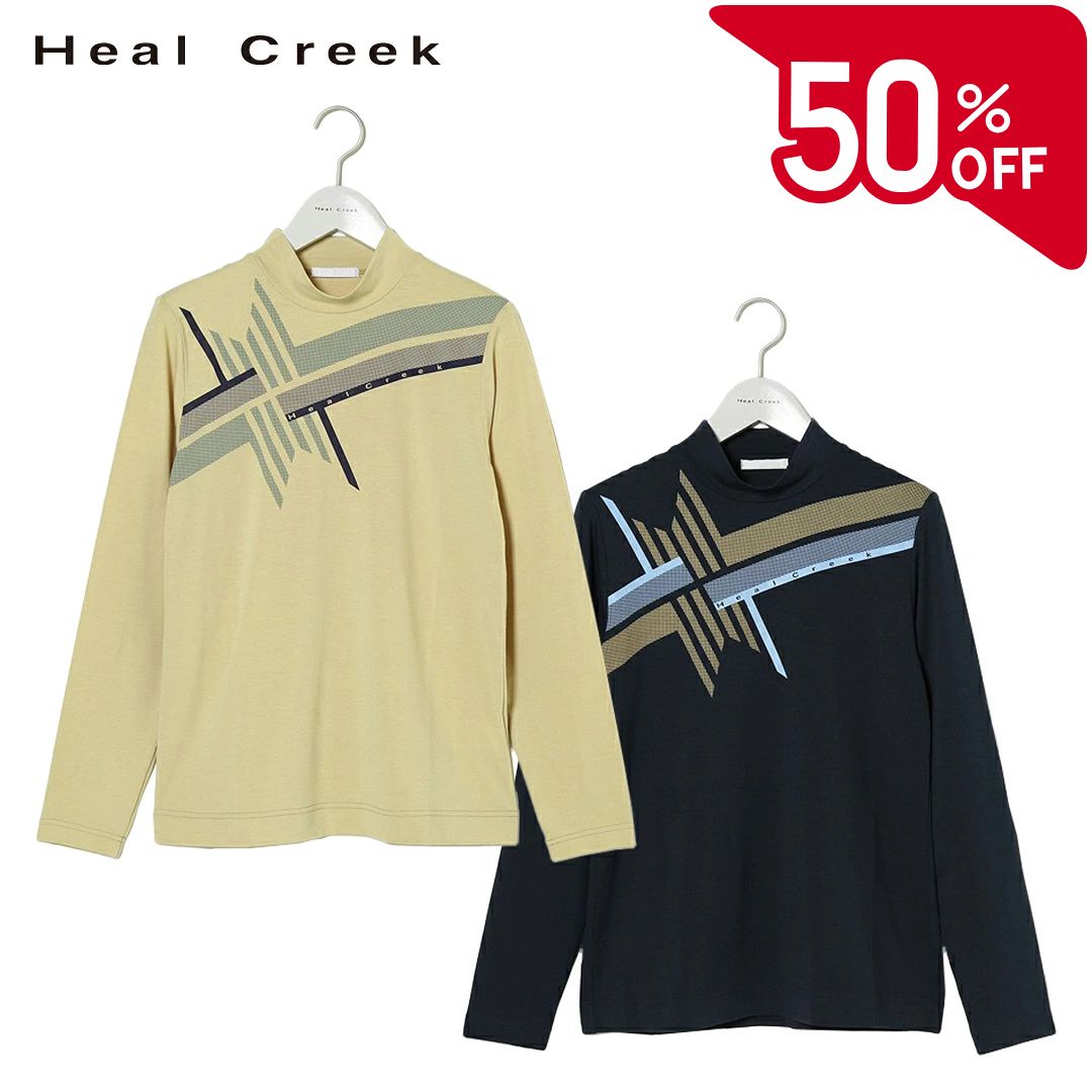 Heal Creek - 【50％OFFセール】大人百花秋号掲載ーHeal Creek モックネック トップス 長袖 ヒールクリーク MVS ベア天竺 胸幾何プリント セットアップ レディース レディースウェア ゴルフ 高級 ラグジュアリー ゴルフウェア スポーツウェア アウトドア 秋冬 吸水性 ベージュ ネイビー 40