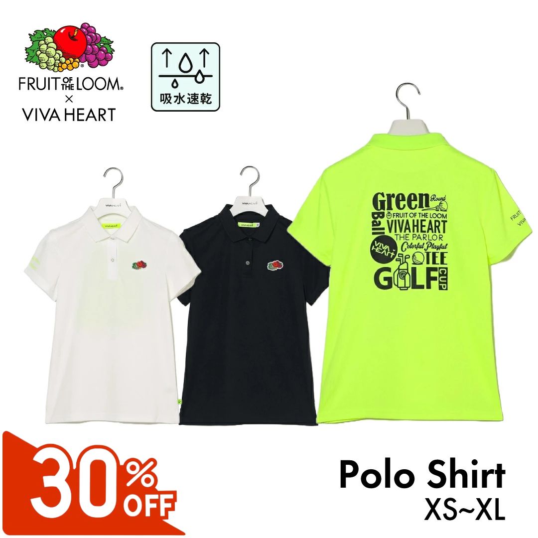 【30％OFFセール】 VIVA HEART ポロシャツ 半袖 ビバハート 左胸フルーツ刺繍 Fruit of the Loom コラボ レディース ゴルフ ゴルフウェア スポーツウェア 春夏 ホワイト グリーン ネイビー SS XS S M L セール