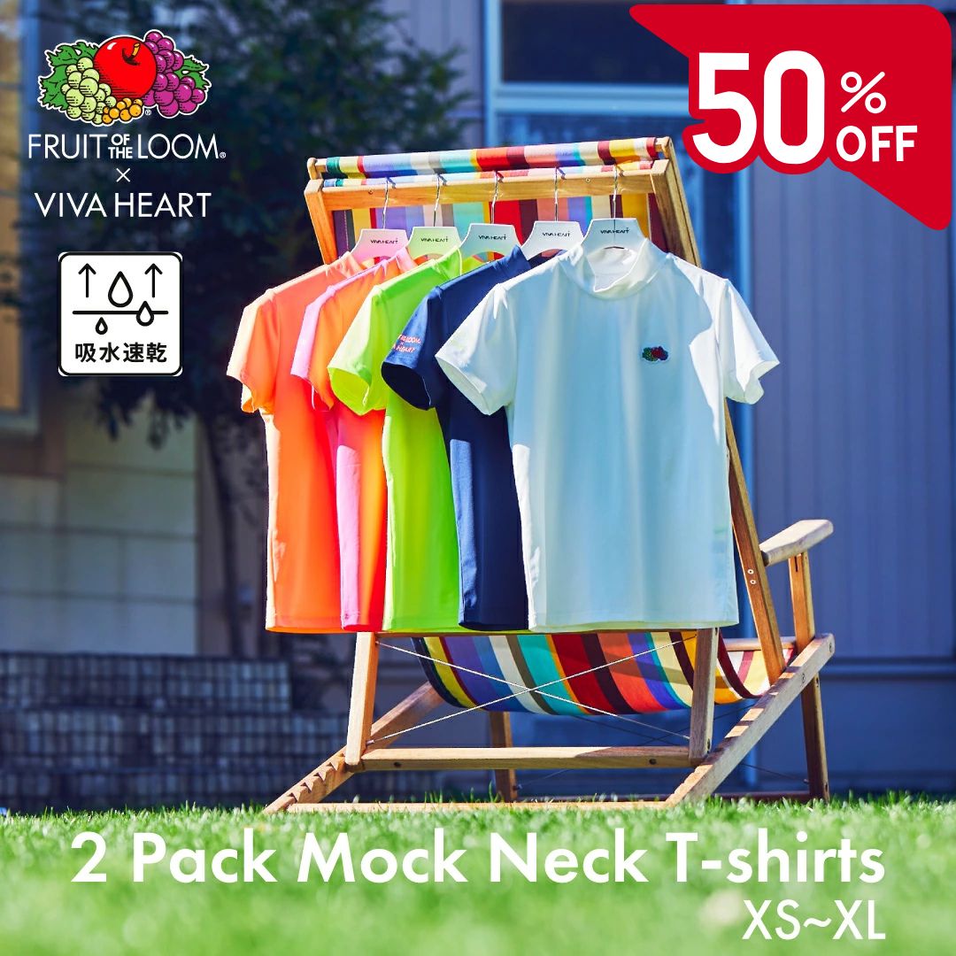 【2点購入で5％OFFクーポン対象】【50％OFFセール】 VIVA HEART×Fruit of the Loom Tシャツ 半袖 ビバハート 左胸フルーツロゴ コラボ モックネック ゴルフ ゴルフウェア スポーツウェア カラフル ビタミンカラー 2pack 2枚組 セール