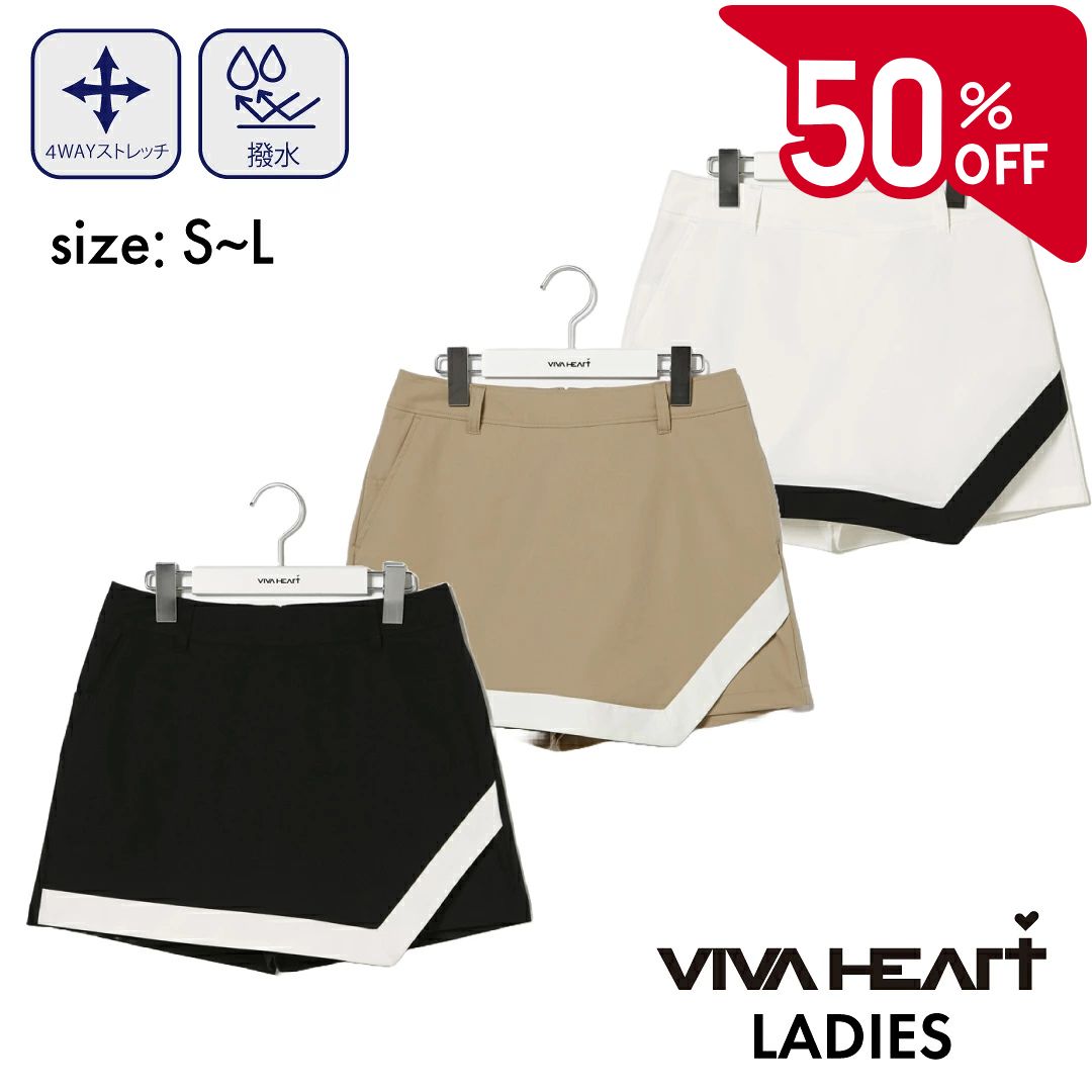 【2点購入で5％OFFクーポン対象】【50％OFFセール】VIVA HEART ショーツ ツイルデザインショーツ ビバハート 切替 アシンメトリー 撥水 ストレッチ レディース モード ゴルフ ゴルフウェア スポーツウェア ホワイト ブラック ベージュ 撥水 4WAY ストレッチ S M L
