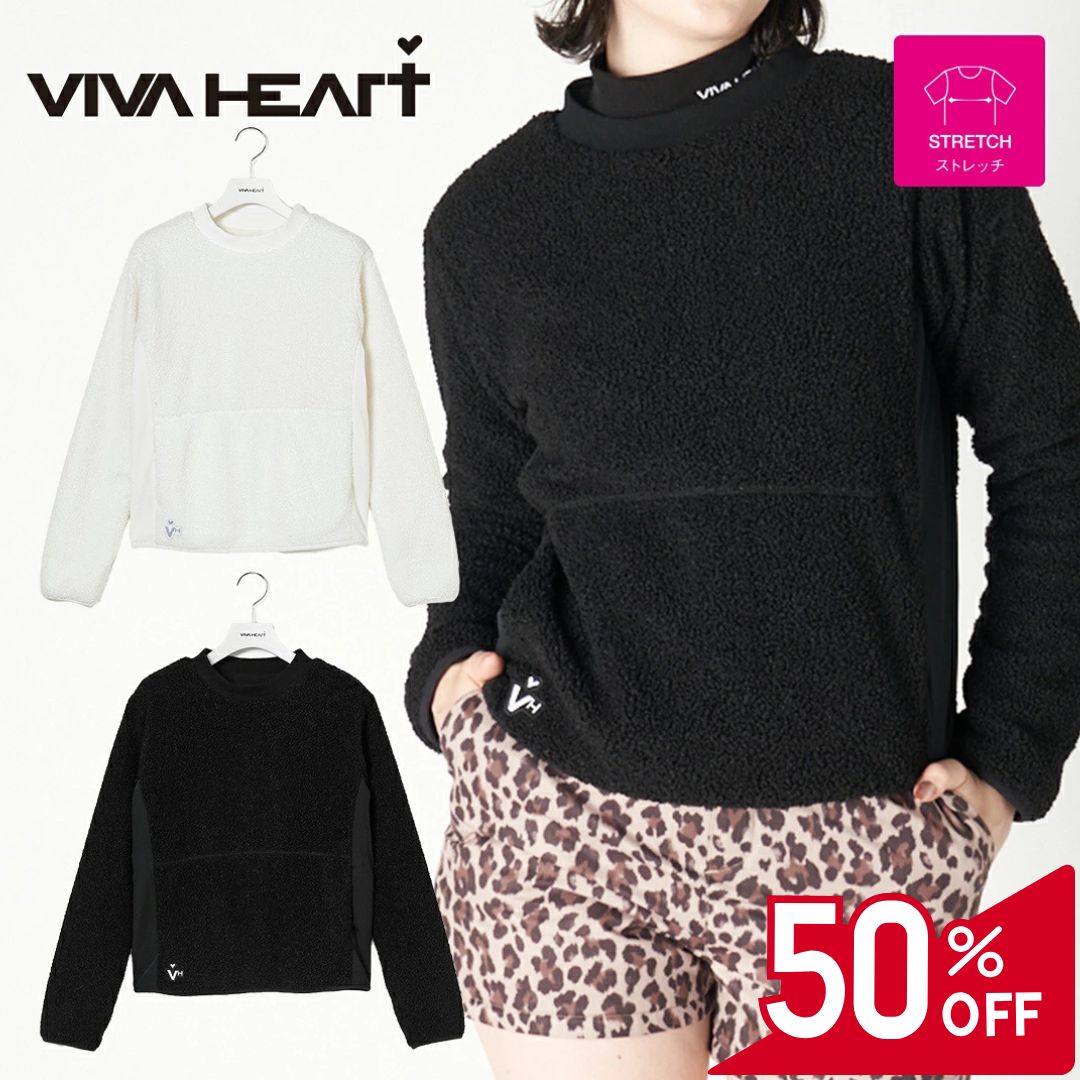 【50％OFFセール】VIVA HEART プルオーバー 長袖 ビバハート パーカー 中綿 ボア タフタ 左前裾ロゴ刺繍 ワッペン 裏地 前ポケット レディース レディースウェア ゴルフ 高級 ゴルフウェア スポーツウェア アウトドア 秋冬 ストレッチ オフホワイト ブラック 40