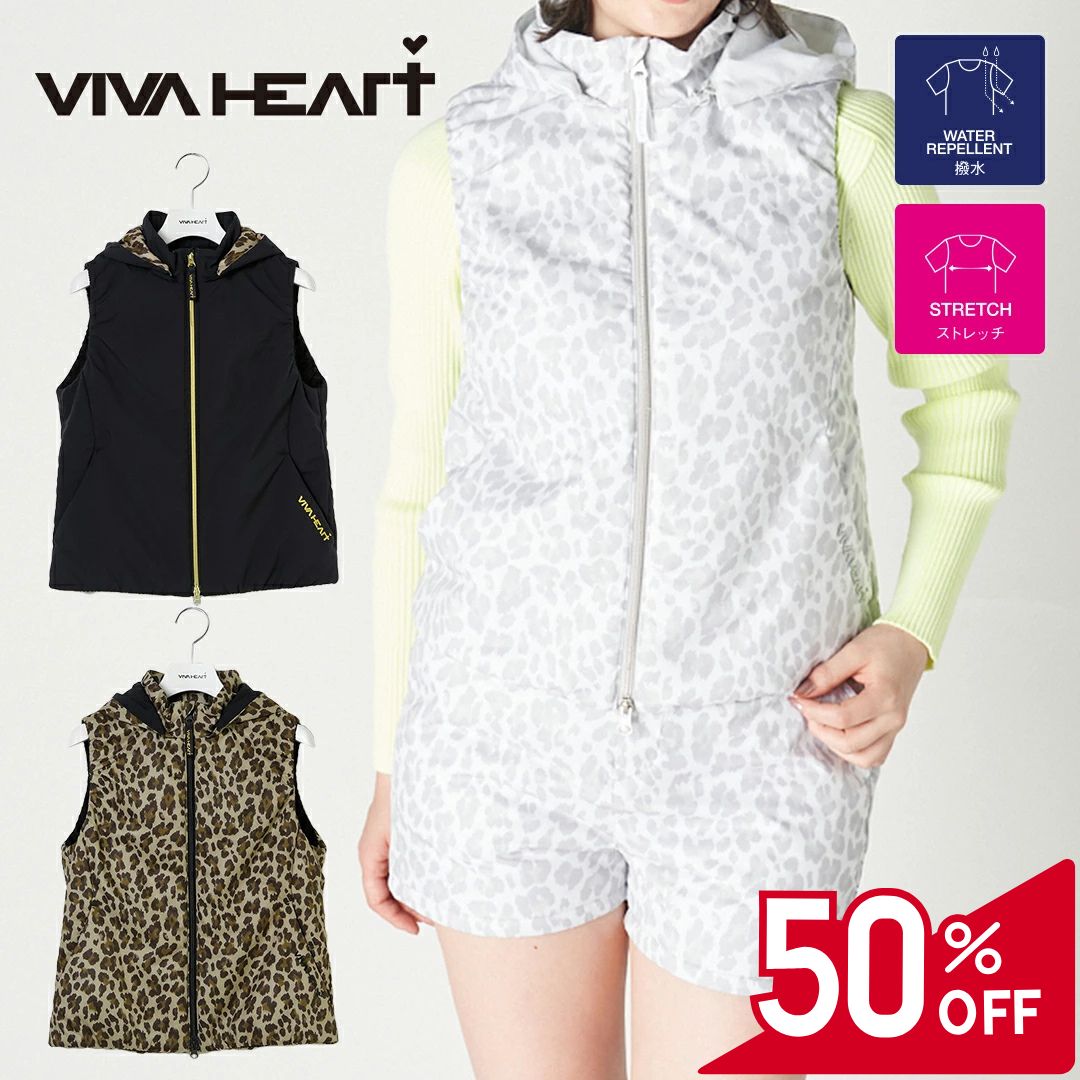 Vests - 【50％OFFセール】VIVA HEART ベスト ブルゾン ビバハート 中綿 裏起毛 無地 レオパード ZIP フード ポケット ロゴ刺繍 レディース レディースウェア ゴルフ 高級 ゴルフウェア スポーツウェア アウトドア 秋冬 保温 撥水 ストレッチ 快適機能裏地 グレー ブラック 40 42