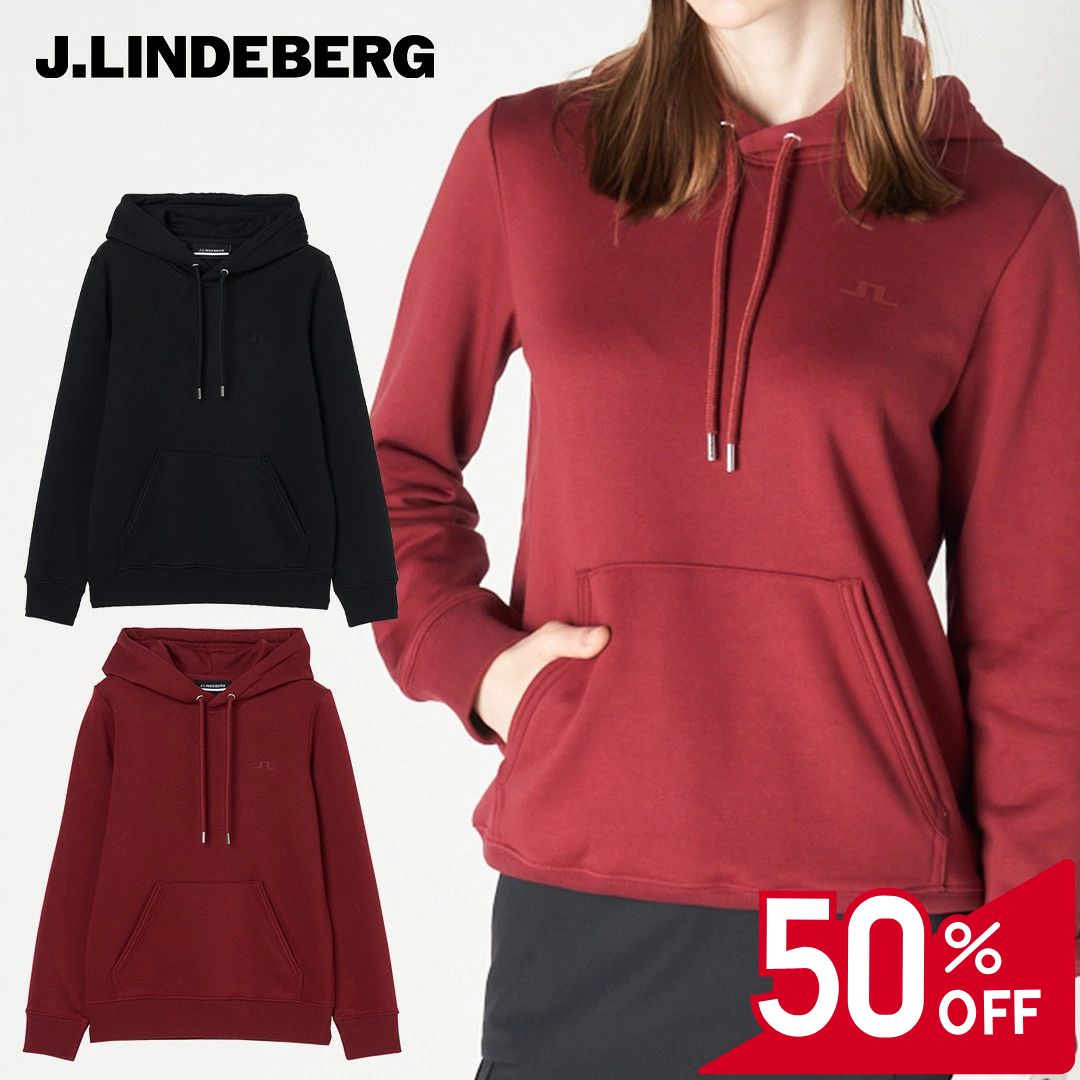 【50％OFFセール】J.LINDEBERG パーカー 長袖 スウェット プルオーバー ジェイリンドバーグ 無地 ピマコットン 前ポケット フード ドローストリング シリコンロゴ レディース レディースウェア ゴルフ ゴルフウェア スポーツウェア アウトドア 耐久性 ボルドー ブラック 38