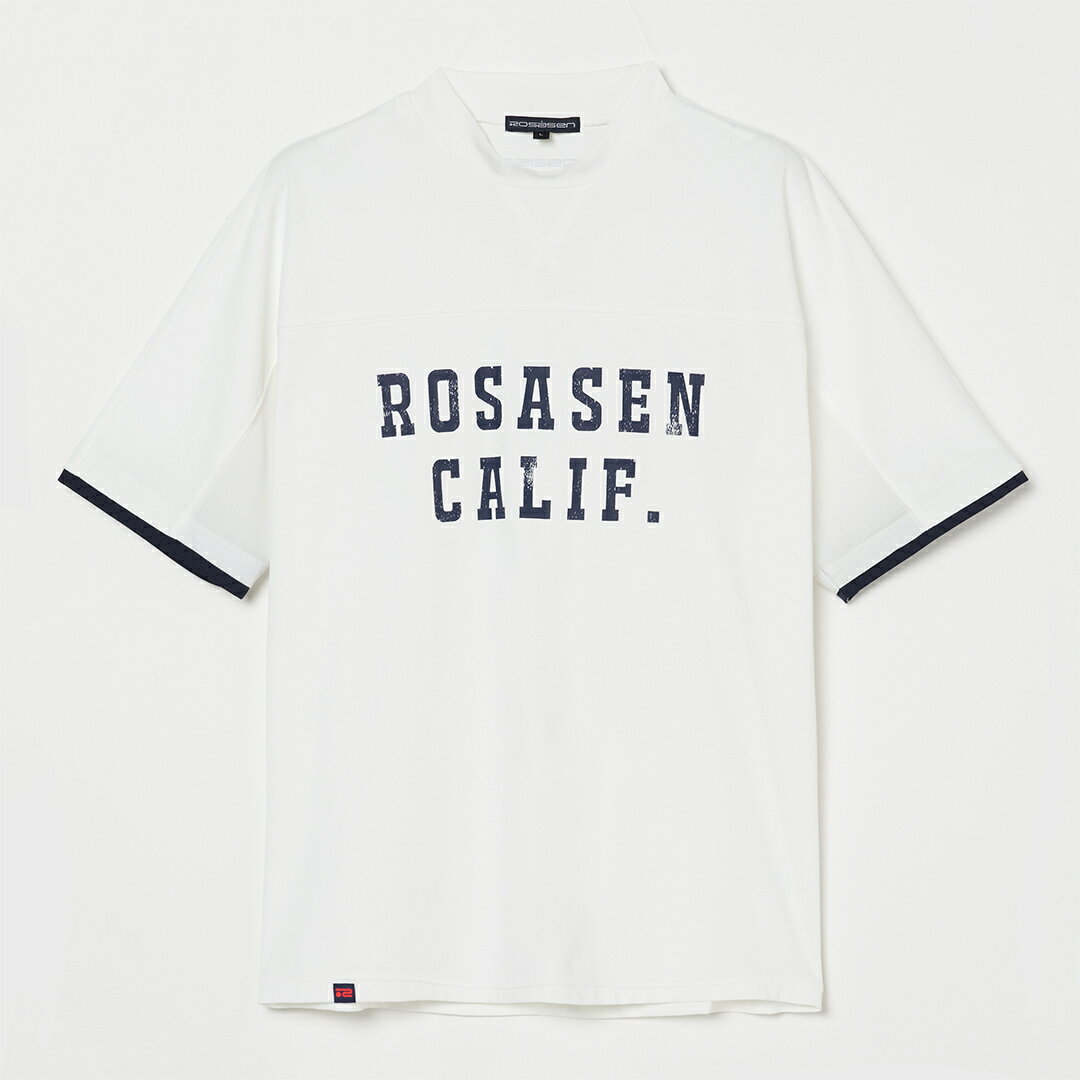 【50％OFFセール】Rosasen モックネック Tシャツ 半袖 ロサーセン ソロナ天竺 リサイクル メッシュ ワンポイント カレッジロゴプリント メンズ メンズウェア ゴルフ ゴルフウェア スポーツウェア アウトドア 春夏 吸水速乾 UV 抗菌防臭 オフホワイト ネイビー 48 セール