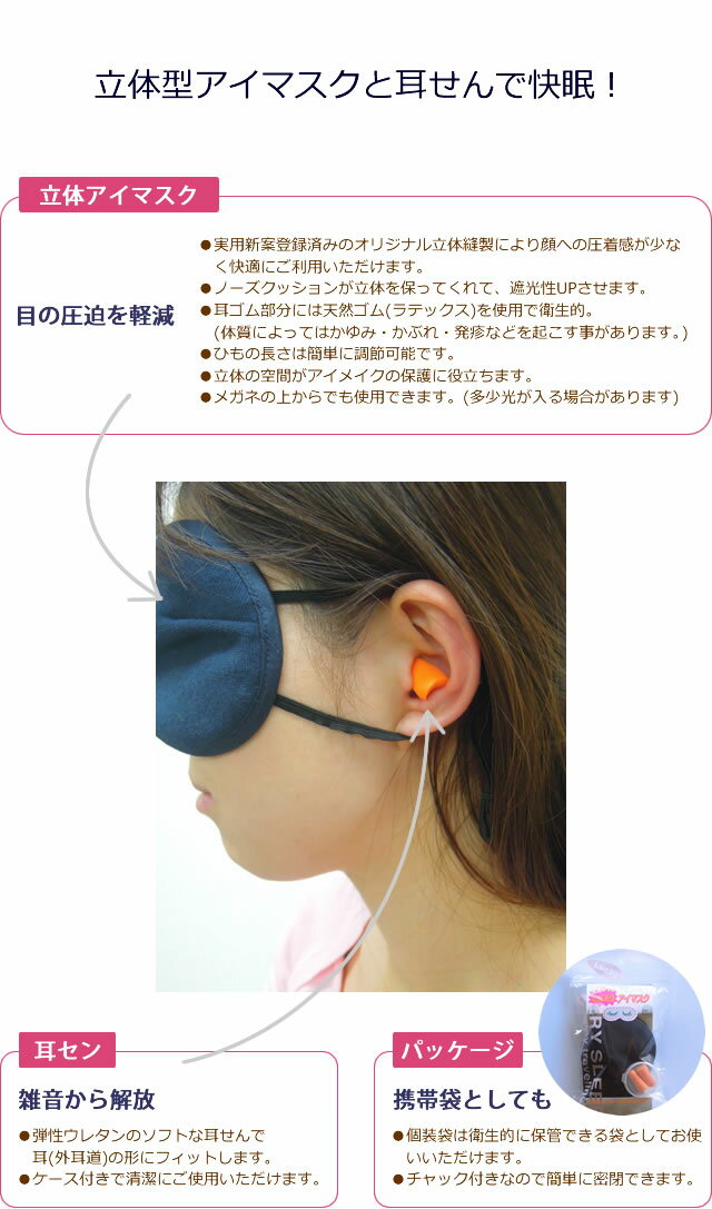 立体型 アイマスク と 耳せん のセット ベリー 安眠セット ネイビー 3D メンズ レディース 安眠 仮眠 ls-veryanmin 4点迄メール便OK（ra1a015） スーツケース旅行用品のグリプトン　楽天　マスク　在庫あり