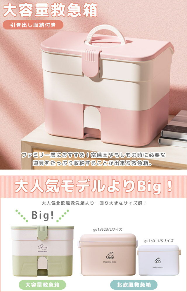 GPT 救急箱 薬箱 引き出し 付き 2段 大容量 薬 収納ボックス 道具箱 メイクボックス 裁縫箱 シンプル 大きい おしゃれ ファーストエイド ボックス 北欧 クスリ箱 薬ケース 小物入れ インテリア 家庭用 薬入れ 防災 応急手当 (gu1b747)【送料無料】 3