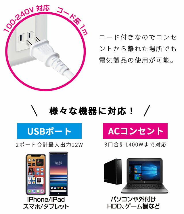 カシムラ 電源タップ コンセント 海外対応 たこ足 旅行用AC3 A/C 2P 2.4A 1m 延長コード ACアダプター USBタップ TypeC スマートIC搭載 PSE認証 USB充電器 スマートフォン タブレット WM-19 (hi0a242)