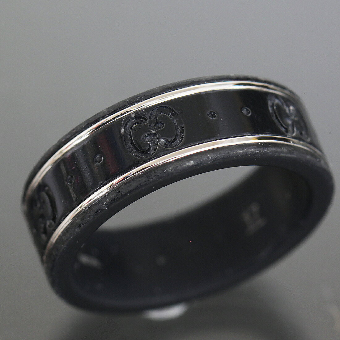 乐天商城 - グッチ アイコン リング 15.5号 K18WG メンズ ブラック コランダム●指輪 7mm幅 GUCCI 6516A【中古】