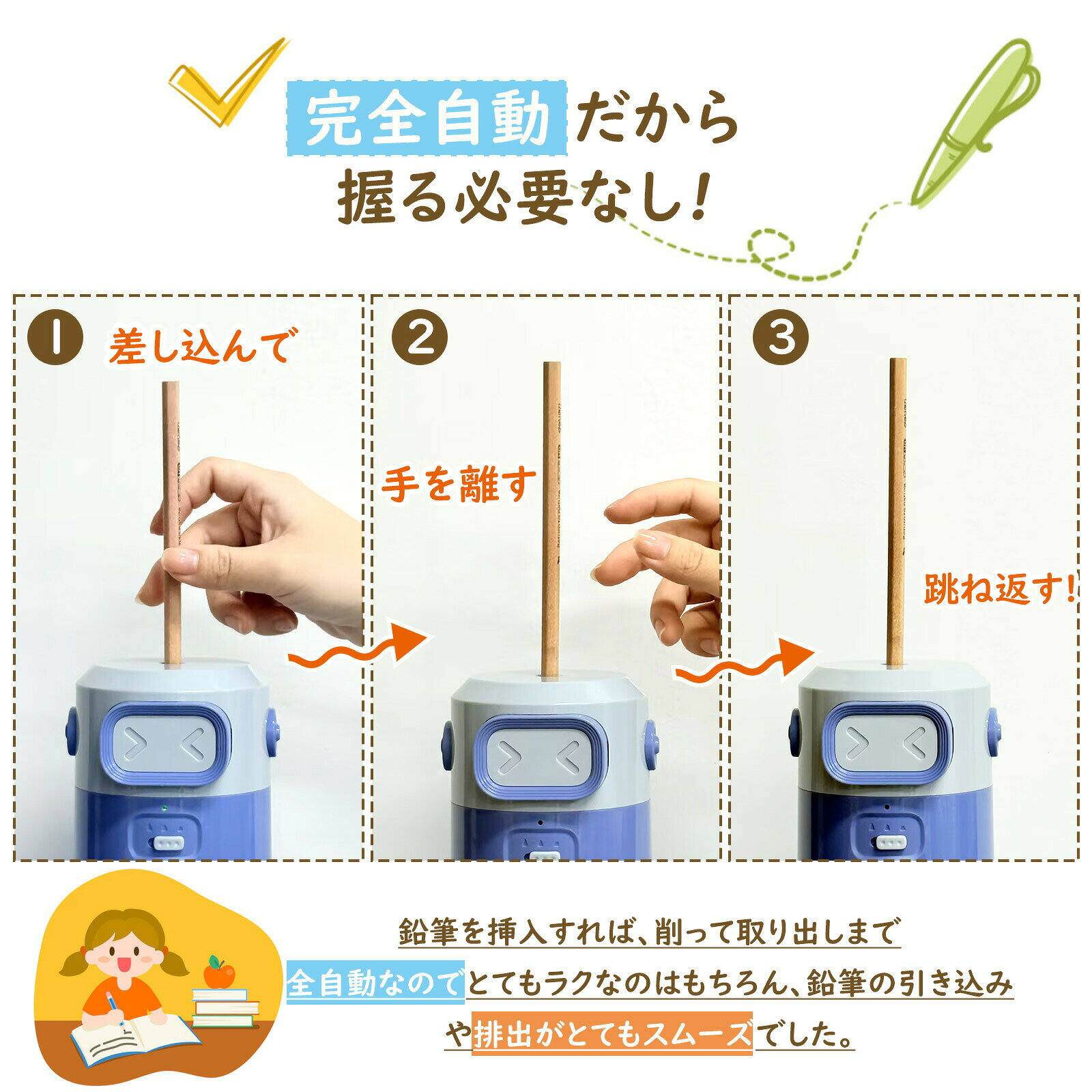 全自動鉛筆削り 電動 鉛筆削り 全自動 三角鉛筆 色鉛筆 太さ3段階調節 自動 えんぴつ削り トガリターン 自動停止 自動ペン送り機能 USB 充電式 子供 女の子 男の子 安全性 コンパクト ハンズフリー コードレス 便利 キャラクター おしゃれ 学校 入学祝い ブルー ピンク grk24-10018522 GRK サンプル画像3