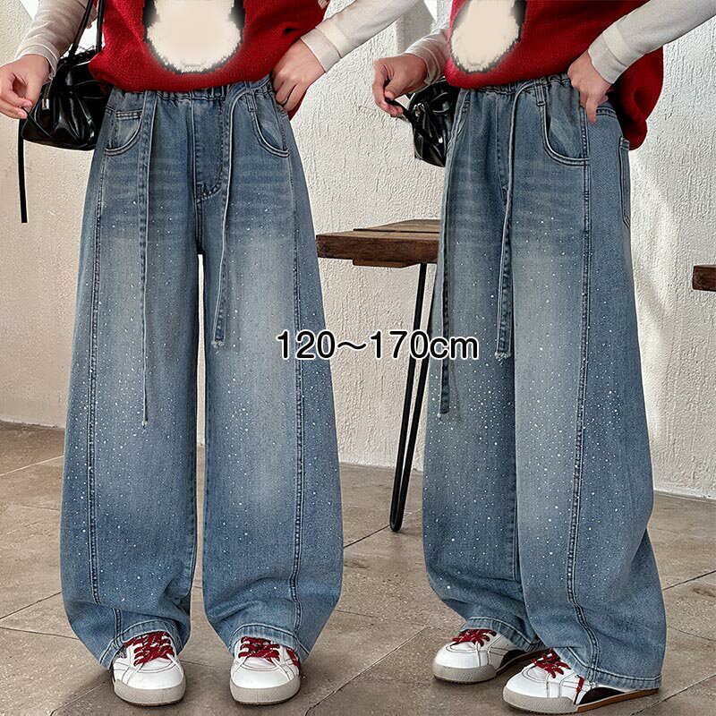 乐天商城 - 女の子 デニムパンツ かわいい ライトストーン付き キッズ デニム パンツ ワイドパンツ ジーパン ウエストゴム 夏 ロングパンツ キッズ ワイドデニム ボトムス パンツ シンプル カジュアル 春夏 オシャレ 小学生 中学生 ジュニア 普段着