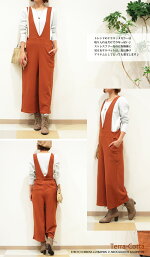 サロペット/コンビネゾン/ガウチョパンツ/ワイドパンツ/マキシ丈/人気アイテムに新型入荷♪楽ちんお洒落なサロペット◆エンボスストレッチカットソーVネックガウチョコンビネゾン/オールインワン/オーバーオール/レディース/女性用/あす楽/