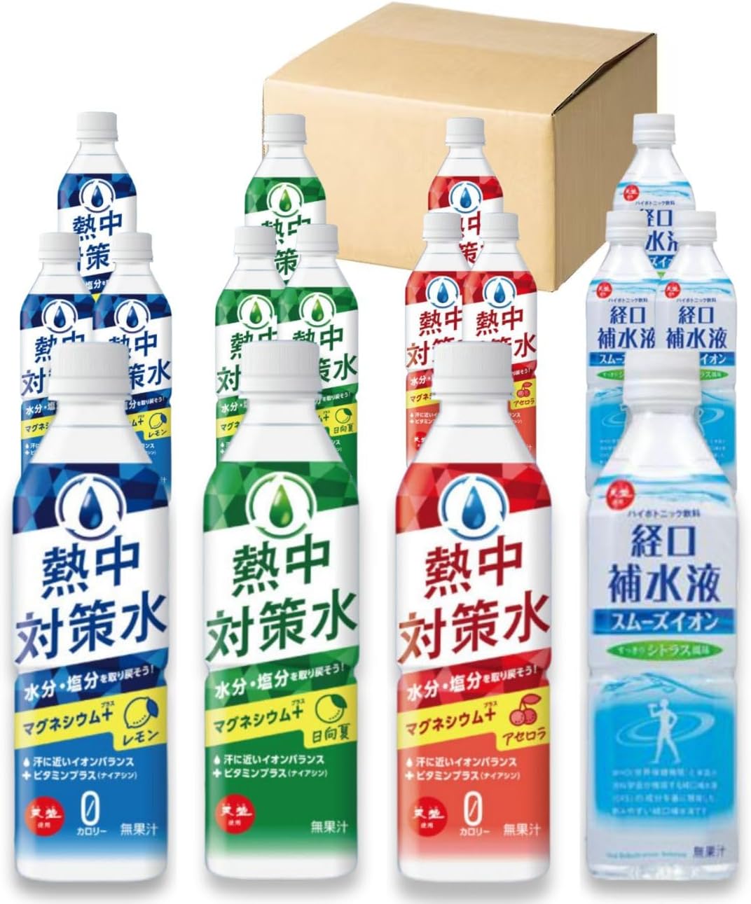 赤穂化成 熱中対策水 経口補水液 4種アソート 16本セット【レモン味 500ml・日向夏味 500ml・アセロラ味 500ml・経口補水液スムーズイオン シトラス風味 500ml】各4本 熱中対策水 水分補給 塩分 赤穂の天塩 ペットボトルのサムネイル