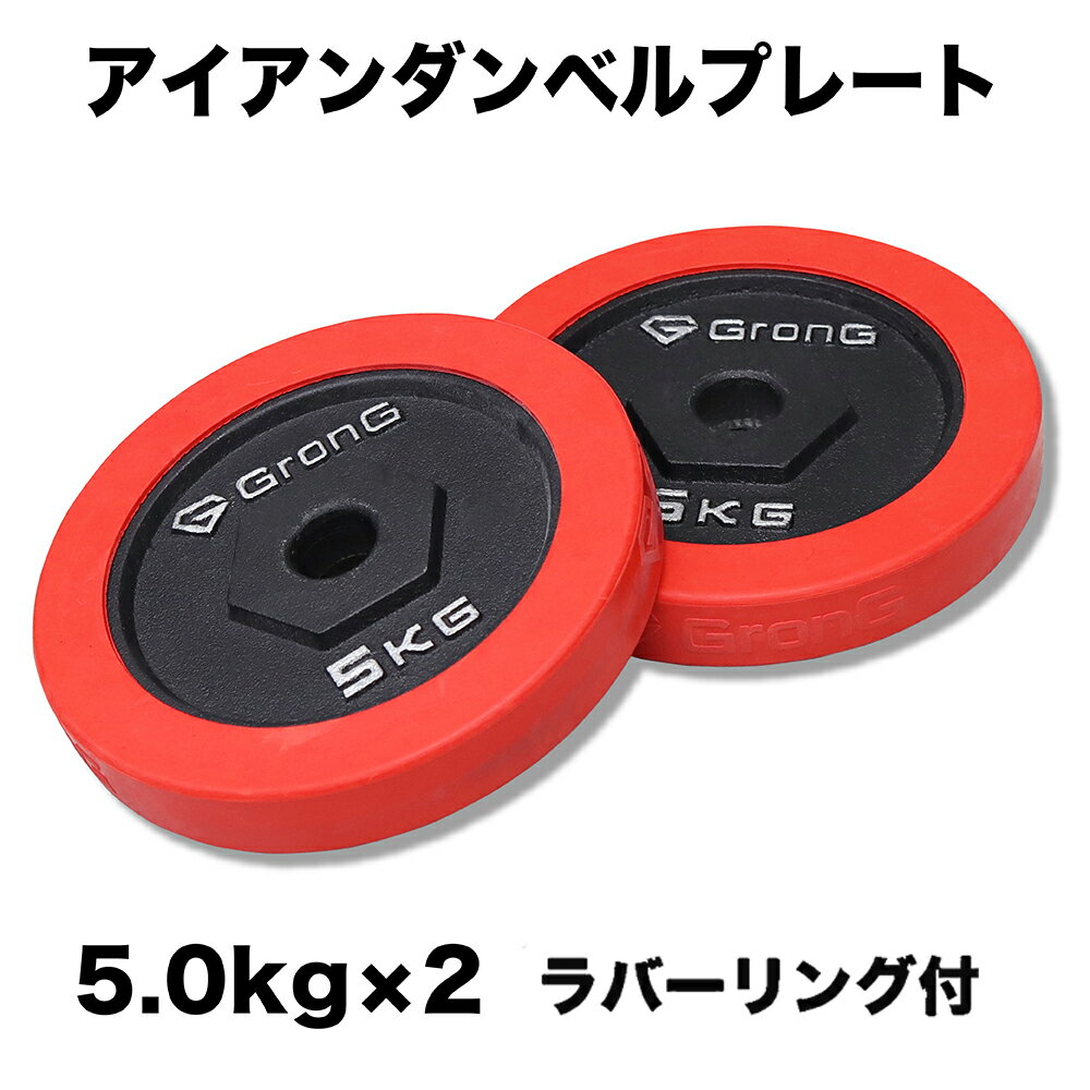 GronG(グロング) アイアンダンベル プレート 追加 セット バーベル 5kg×2 計10kg ラバー付き シャフト径28mm