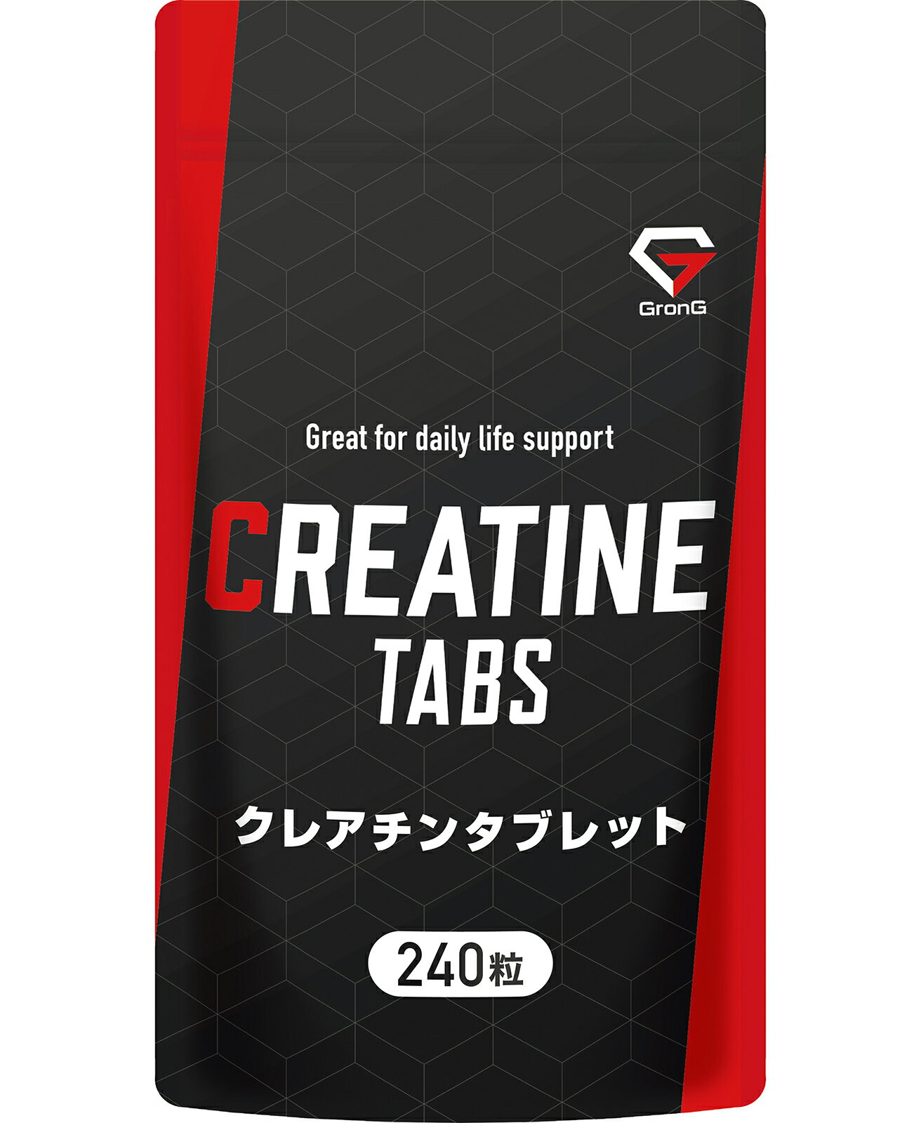 1袋（約30日分）当たり、クレアチンモノハイドレート「90,000mg」を配合した「クレアチンタブレット」です。 【飲みやすい小粒設計】飲みやすさを追求した小粒サイズのタブレットに仕上げています。 【国内製造】日本国内のGMP認定工場で製造しています。 ※中国産原料使用 【お召し上がり方（目安）】 ●1日8粒を目安に、数回に分けて水やぬるま湯と一緒にお召し上がりください。 【おすすめの摂取タイミング（目安）】 運動前、運動後 （栄養成分 8粒（3.6g）当たり）エネルギー/11.6kcal、タンパク質/2.7g、脂質/0.07g、炭水化物/0.4g、食塩相当量/0.001g （原材料名）クレアチンモノハイドレード（中国製造）／セルロース、ステアリン酸カルシウム、二酸化ケイ素 （内容量）108g（1粒重量450mg×240粒） （注意事項）●食物アレルギーをお持ちの方は原材料などをお確かめの上お買い求めください。●妊娠・授乳中及びお薬を服用中の方は医師とご相談の上ご利用ください。●お体に異常を感じた場合は飲用を中止してください。●乳幼児の手の届かないところに保管してください。●開封後は密閉し、賞味期限にかかわらずお早めにお召し上がりください。●食生活は、主食、主菜、副菜を基本に、食事のバランスを。●本製品は、日本国内製造品です。 広告文責：株式会社Ultimate Life(079-280-2324) メーカー：株式会社Ultimate Life ブランド：GronG(グロング) 製造国：日本 商品区分：健康食品2024年5月20日（月）00:00 - 23:59