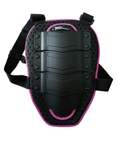 POi BACK PROTECTOR MINI/BPM-01 価格：2,800円（+税） サイズ：350mm×250mm カラー:ピンク/ブルー 素材：硬質プラスチック(プロテクター) 　　　スポンジメッシュ(インナー／裏地)お子様や小柄な女性向けのミニサイズの対貫通性に優れる硬質プロテクターを使用した背中用プロテクターです。 使用している樹脂プレートは弊社の「BP-01」BODY PROTECKTORや 「OPB01」OPTION BACK PROTECTORと同素材を使用。フロント部にチェストベルトを配し、激しい動きでもプロテクターがズレにくい構造です。子供はもちろん、小柄な女性にもご使用いただけるサイズですのでオートバイの乗車／タンデム時の後部搭乗者のプロテクターとしてや、スキー、自転車競技などのプロテクターとしてもご利用いただけます。