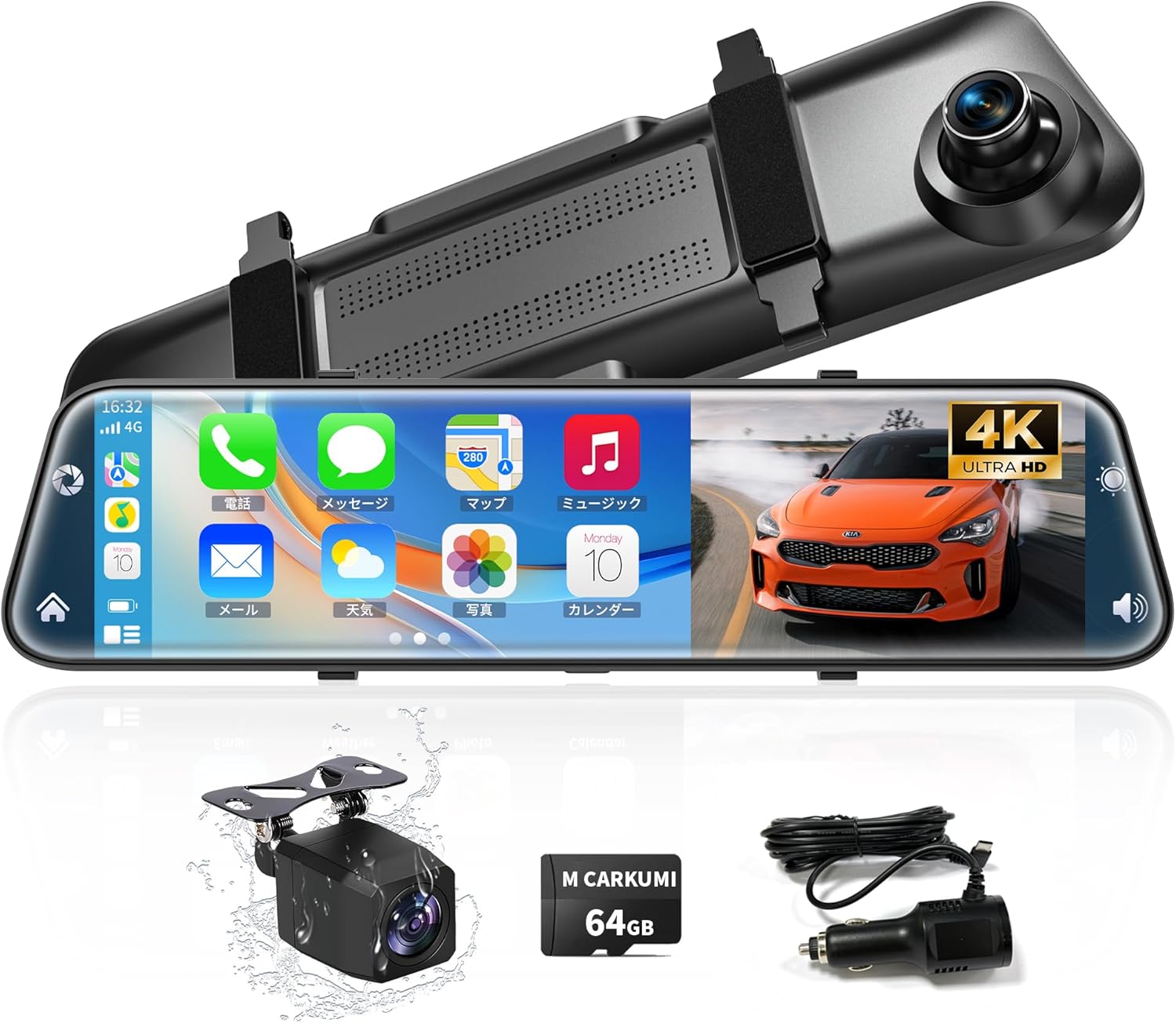 乐天商城 - ドライブレコーダー ミラー型 4K Carplay & Android Auto 12インチ ドラレコ前後カメラ 170°超広角 12-24V対応 ドラレコミラー型 ADR-017