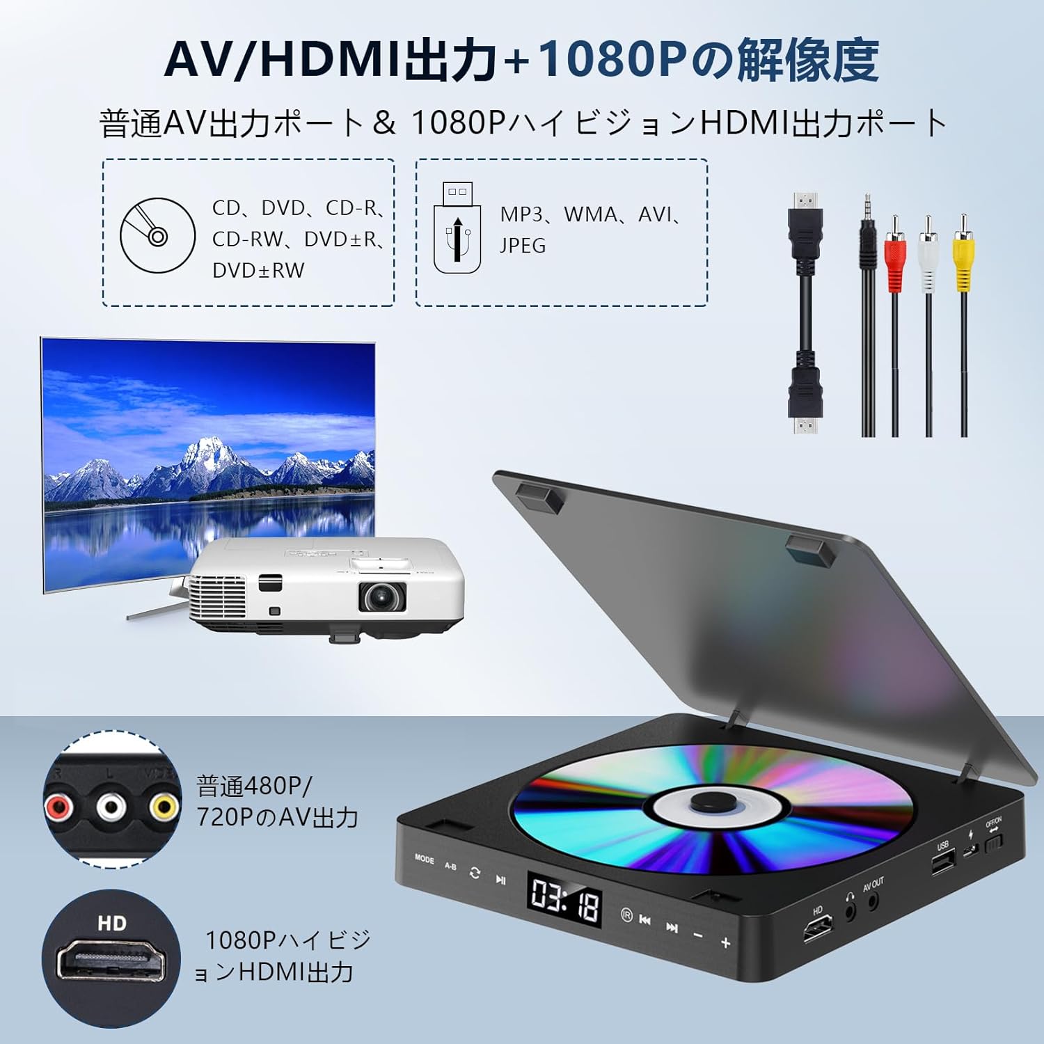 ポータブル DVDプレーヤー 小型 HDMI端子搭載 最大1080Pの解像度 CD再生に対応 ランダム再生 A-Bリピート USBメモリ対応 3.5mオーディオジャック ADV-027
