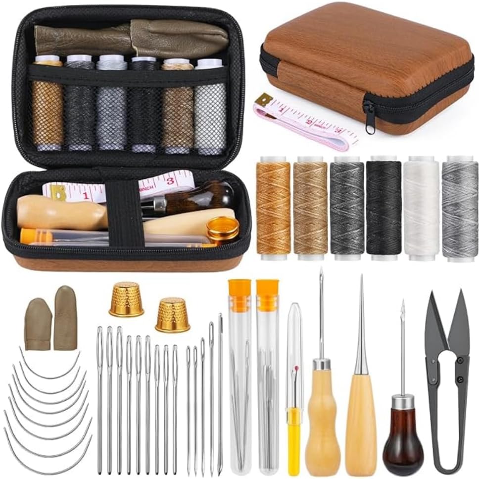 乐天商城 - レザークラフト 革工具セット 39 点 セット 裁縫工具 皮革工具 針 手作り 革用 縫い針 千枚通し 指プロテクター ザーツールセット ADY-017