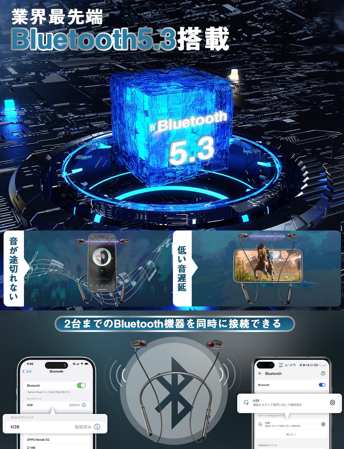 イヤホン Bluetooth5.3 ネックバンド型 ワイヤレスイヤホン CVC8.0ノイズキャンセ...