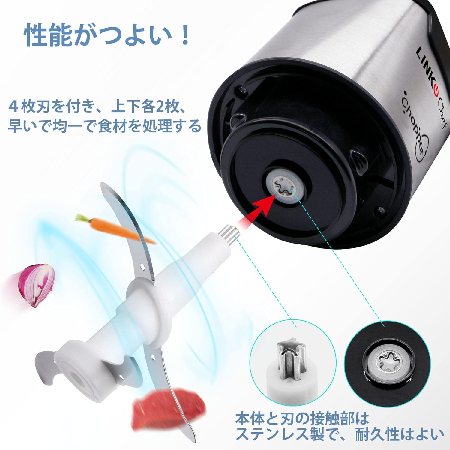 フードプロセッサー フードチョッパー 一台多役 1.2L容量 250W ハイパワー 水洗い可 4枚刃カッター ミキサー フードミキサー ブレンダー AHK-042