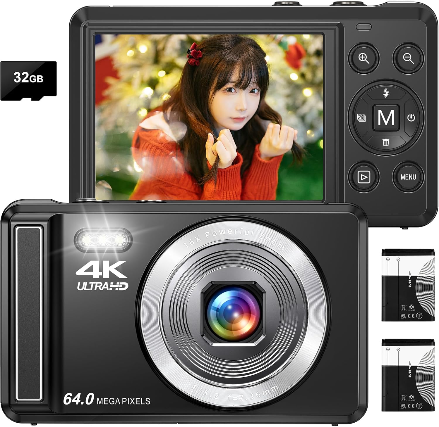 乐天商城 - デジカメ デジタルカメラ 4K コンパクト 6400万画素 コンパクトカメラ AFオートフォーカス 32Gメモリカード ウェブカメラ 2.8インチ大画面 AKM-251