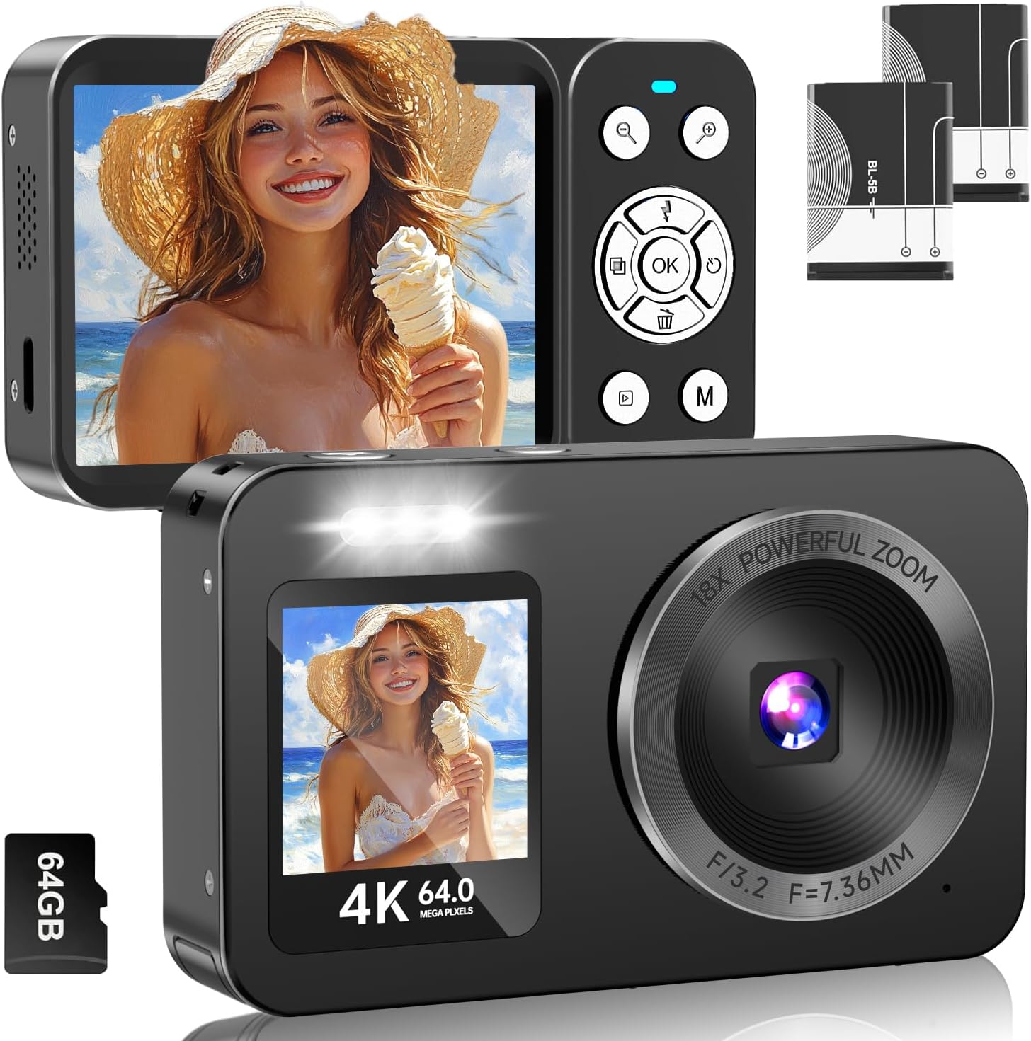 樂天商城 - デジカメ デジタルカメラ 4K コンパクト 6400万画素 コンパクトカメラ AFオートフォーカス 64Gメモリカード ウェブカメラ 2.8インチ大画面 AKM-252