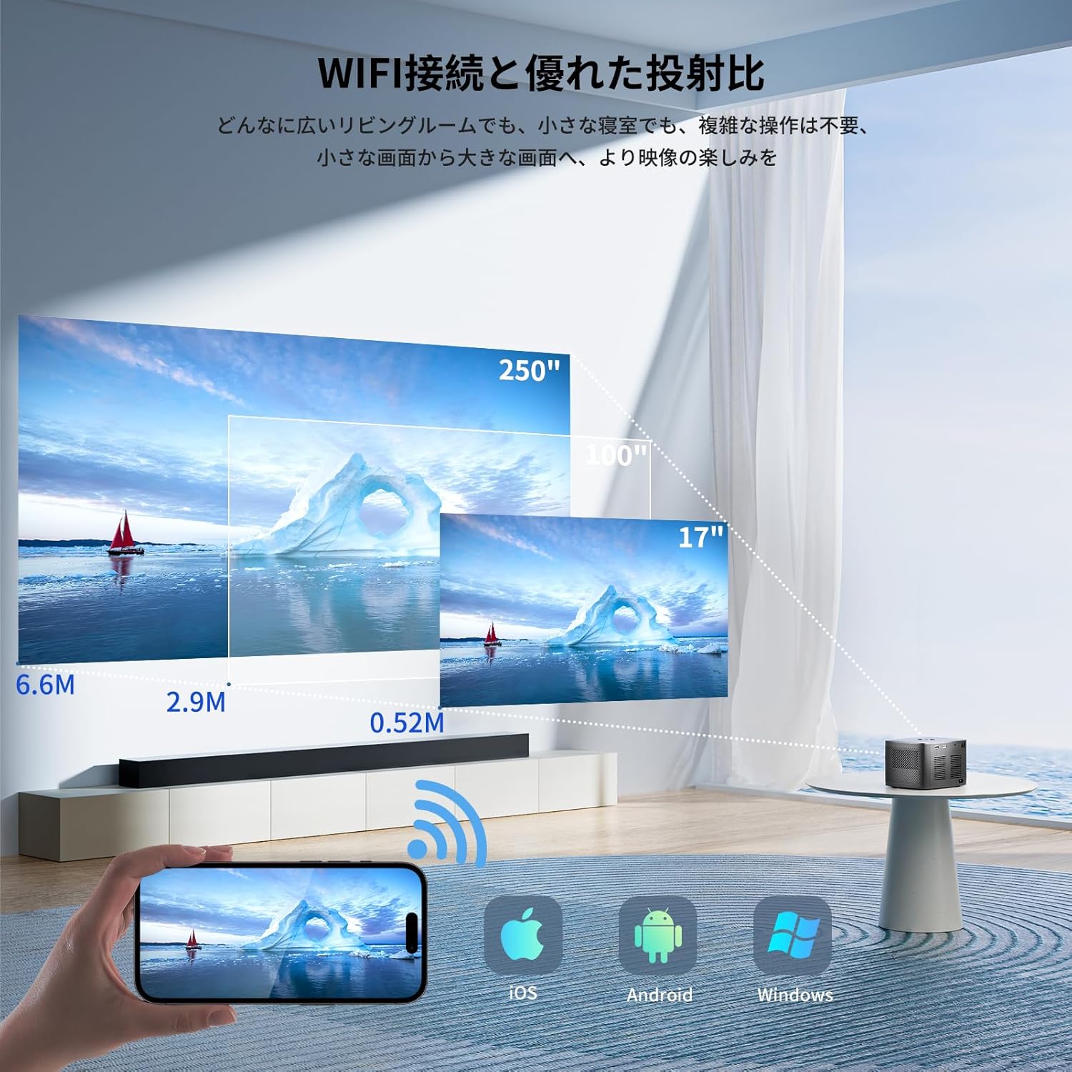 Selectshop Grooveのプロジェクター 家庭用 18000L 卓上三脚付 電動台形補正 電動フォーカス 双方向 Bluetooth WIFI6 ホームプロジェクター ホームシアター APJ-144｜アングル3