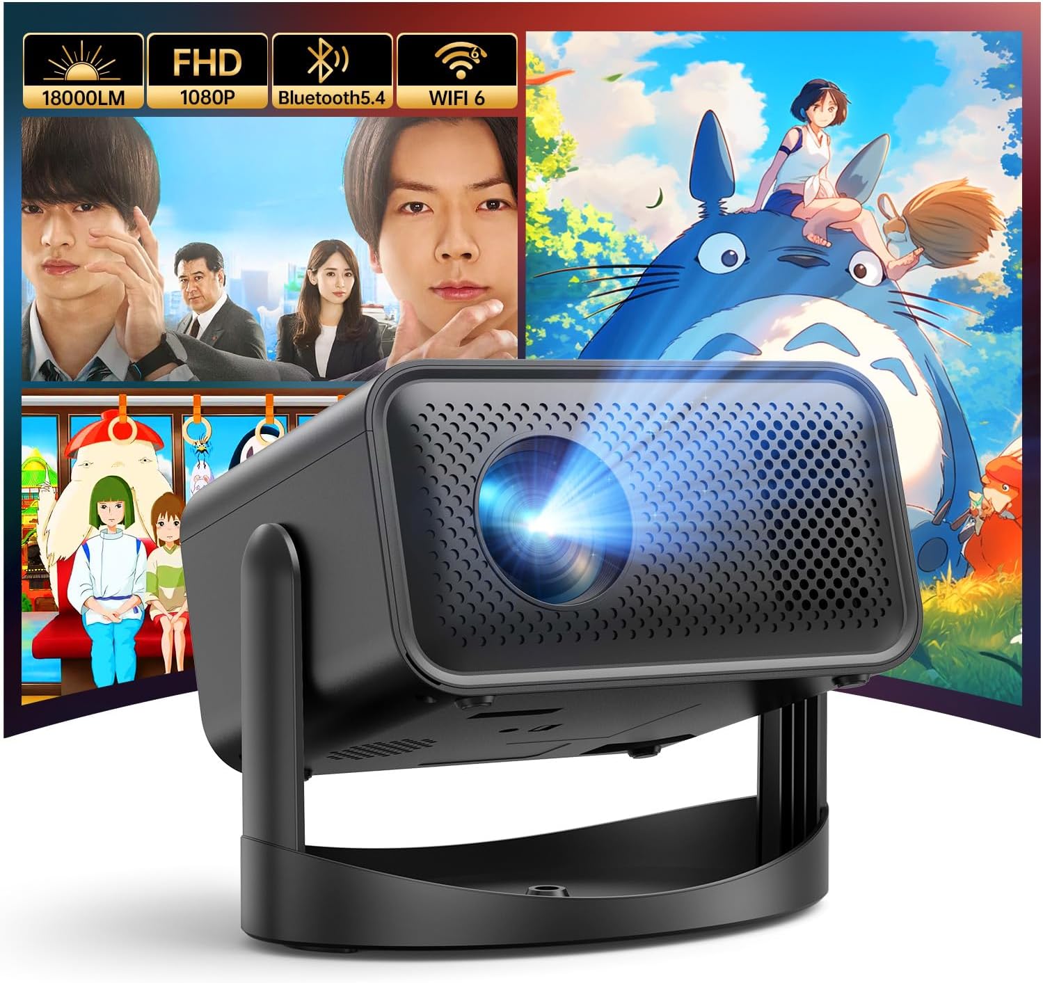 プロジェクター 360°回転 18000LM 1080P 4K対応 天井投影可能 Bluetooth5.4 WIFI6 電動フォーカス 自動台形補正 ホームプロジェクター APJ-148