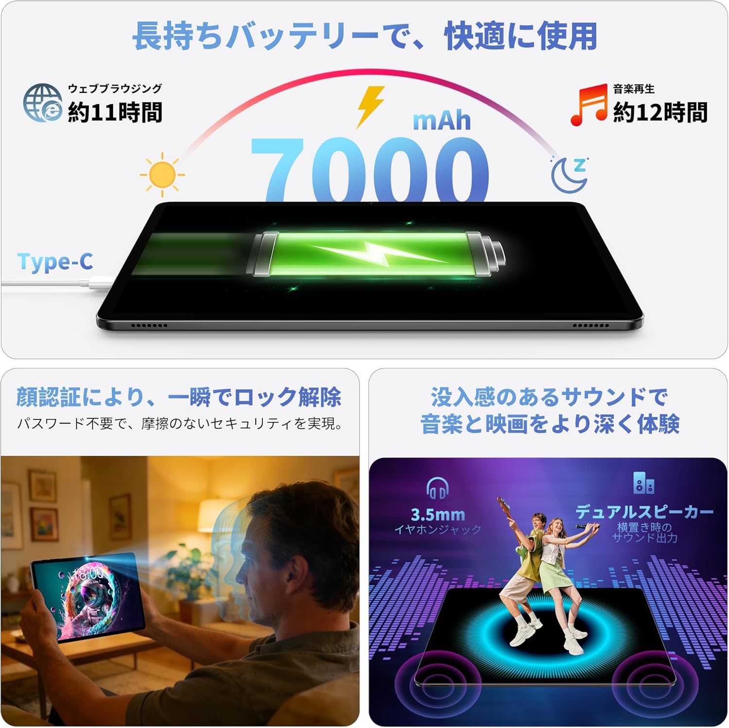 【楽天スーパーSALE対象】 タブレット Android 16 11インチ 90Hz IPS画面 WidevineL1対応 Netflix 7000mAh Type-C+3.5mm 12GBメモリ+UFS 128GB+1TB拡張 ATB-101 - Image 3