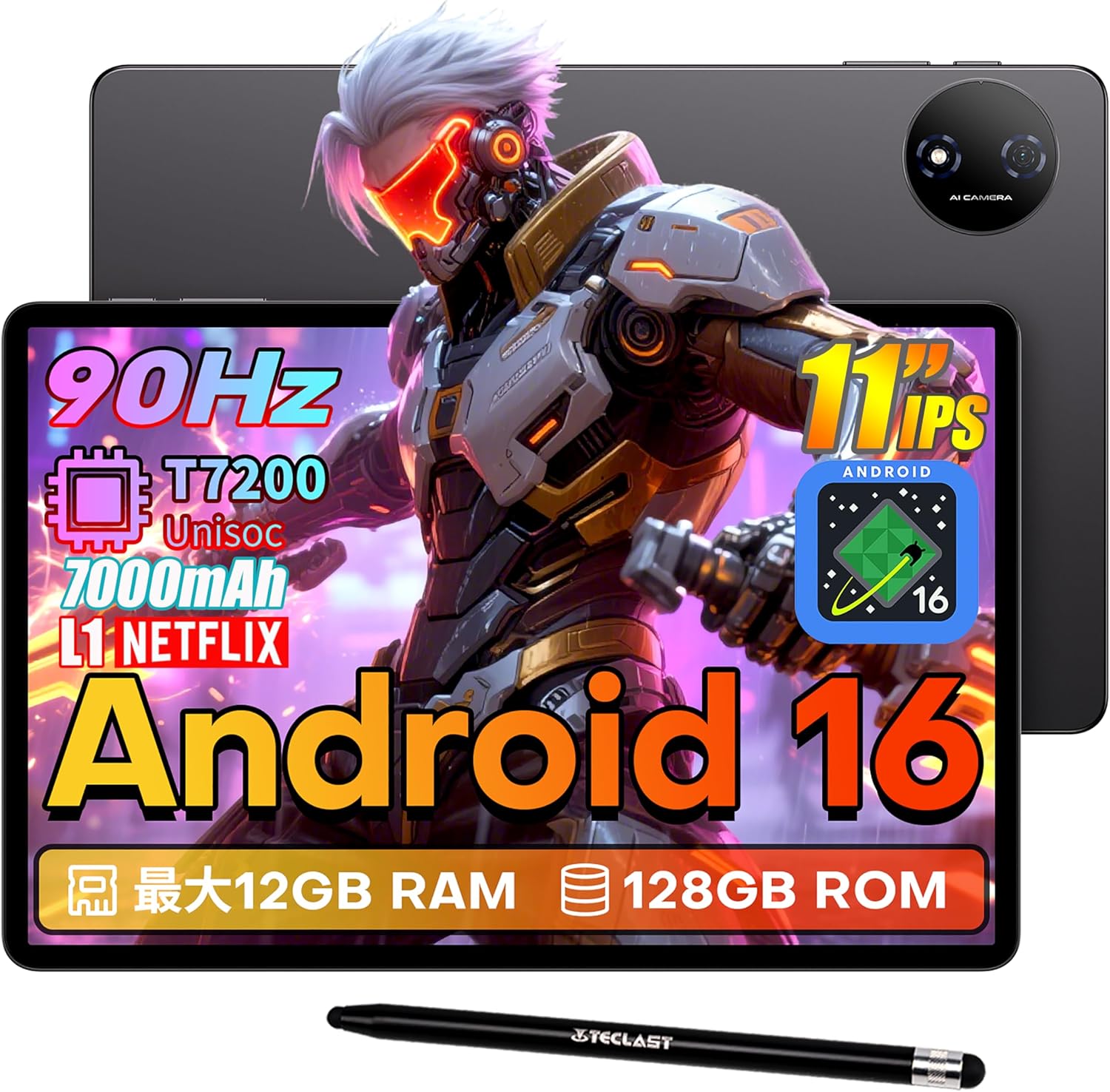 乐天商城 - タブレット Android 16 11インチ 90Hz IPS画面 WidevineL1対応 Netflix 7000mAh Type-C+3.5mm 12GBメモリ+UFS 128GB+1TB拡張 ATB-101