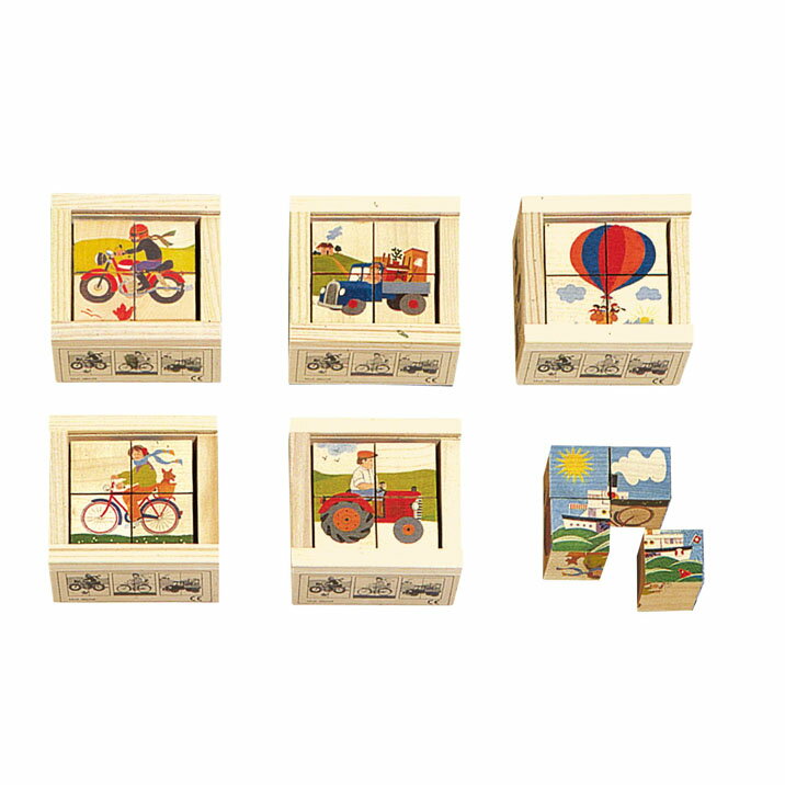 乐天商城 - アトリエフィッシャーパズル 乗物 乗り物 六面体パズル キューブパズル 知育玩具 木のおもちゃ 木製 スイス製 のりもの